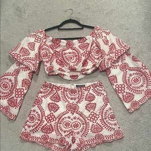 Fashion Nova Red and White Patterned Crop Top And Short Set